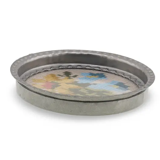 Suport pahar vintage din metal cu broderie florala albastra si galbena, 9cm, imagine 2