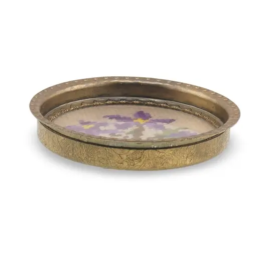 Suport pahar vintage din metal cu broderie florala mov decorativa, 9cm, imagine 2