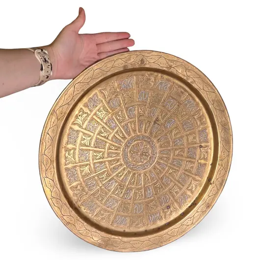 Tava vintage din alama gravata, model ornamental circular, 39cm, imagine 3