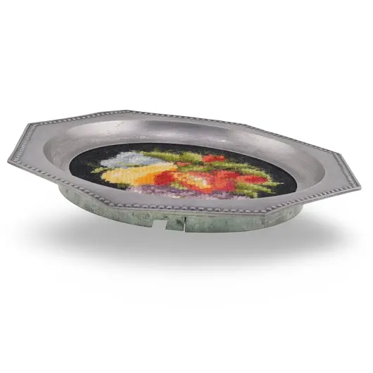 Tava vintage din metal octogonala cu broderie flori multicolore pe fundal negru, 21cm, imagine 2
