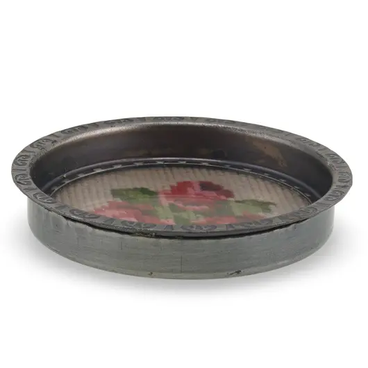 Suport pahar vintage din metal cu broderie florala rosie, 9cm, imagine 2