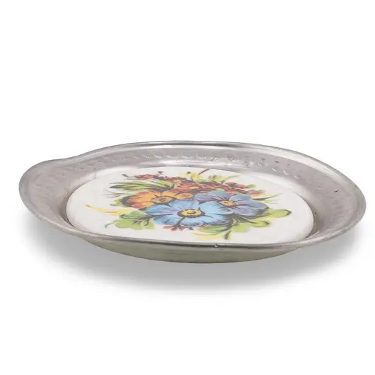 Suport pahar vintage din metal cu insertie decor flori albastre, 19cm, imagine 2