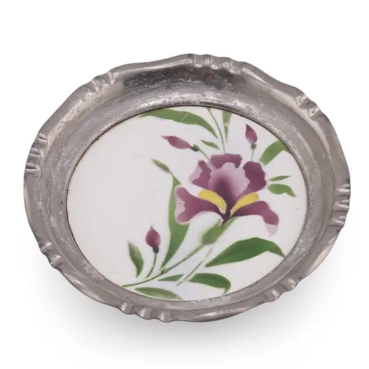 Suport pahar vintage din metal cu insertie decor floare mov, 9,5cm