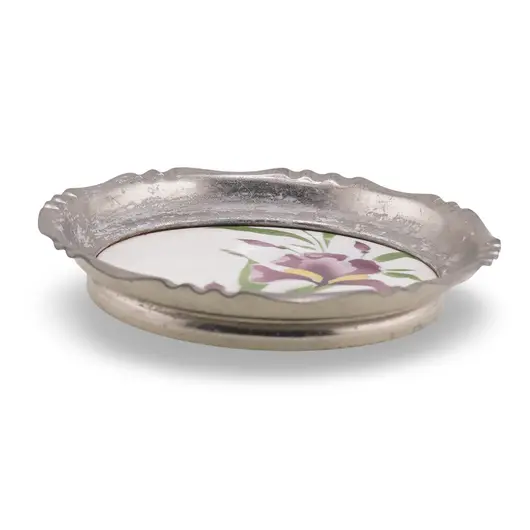 Suport pahar vintage din metal cu insertie decor floare mov, 9,5cm, imagine 2