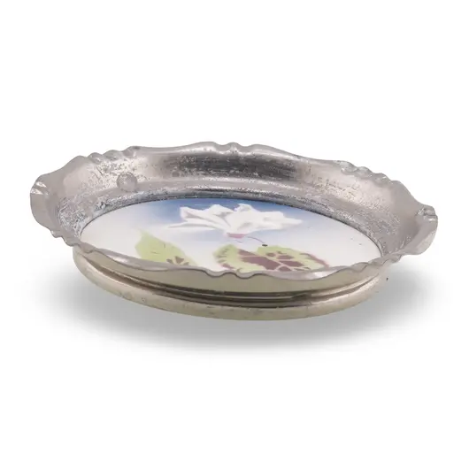 Suport pahar vintage din metal cu insertie floare alba, 9,5cm, imagine 2