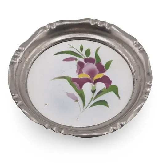 Suport pahar vintage din metal cu insertie floare mov, 9,5cm