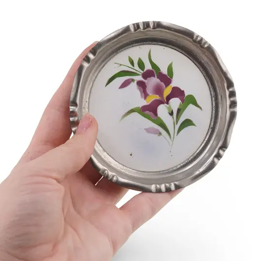 Suport pahar vintage din metal cu insertie floare mov, 9,5cm, imagine 3