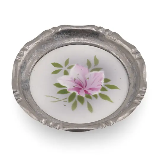 Suport pahar vintage din metal cu insertie floare roz, 9,5cm