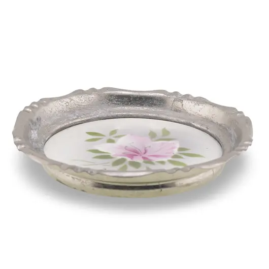 Suport pahar vintage din metal cu insertie floare roz, 9,5cm, imagine 2