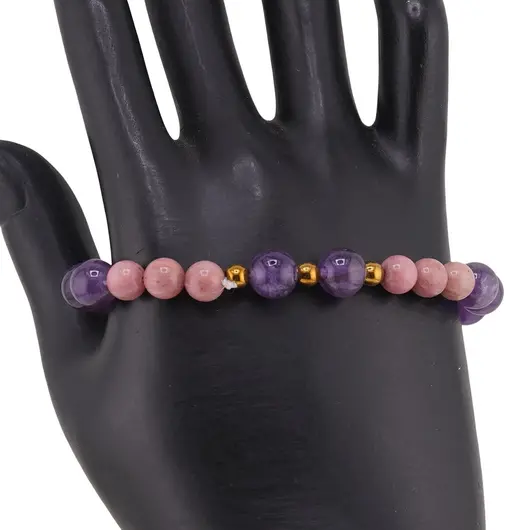 Bratara pe elastic Ametist sfere 8mm, bumbi aurii si Rodonit roz sfere 6mm, imagine 2