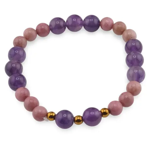 Bratara pe elastic Ametist sfere 8mm, bumbi aurii si Rodonit roz sfere 6mm
