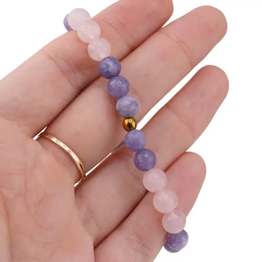 Bratara pe elastic Angelit mov, bumb auriu si Cuart roz sfere 6mm, imagine 3