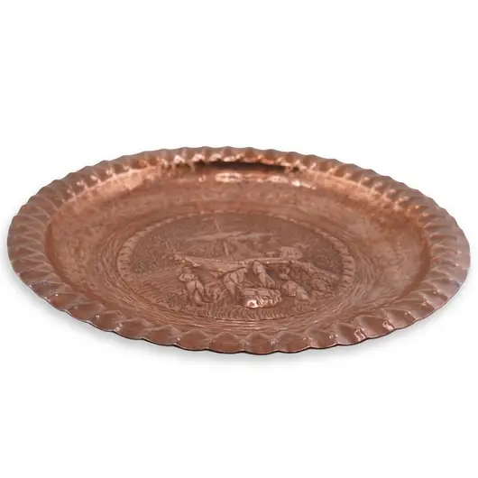 Tava vintage din cupru ciocanit, model corabie gravata, 20,5cm, imagine 2
