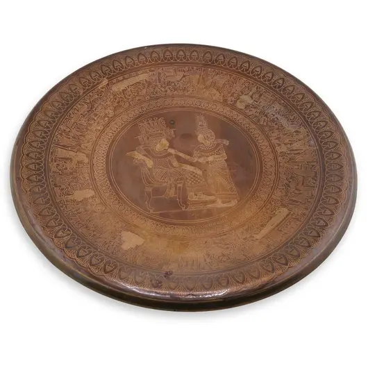 Tablou vintage din cupru gravata, scena regala ornamentala, 24,5cm