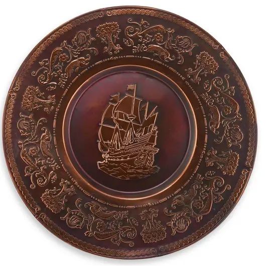 Tablou vintage din cupru gravata, model corabie si motive florale, 30cm