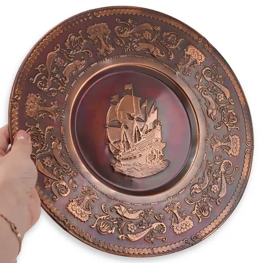 Tablou vintage din cupru gravata, model corabie si motive florale, 30cm, imagine 3