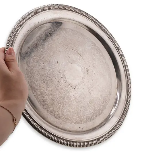 Tava vintage rotunda din metal argintiu, margine ornamentala, 31cm, imagine 3