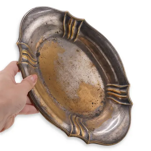 Tava vintage din metal argintiu cu margine decorata, 28cm, imagine 3