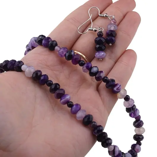 Set Cercei cu agatatoare si Colier din Agat mov discuri fatetate 8mm si sfere 4mm, imagine 4