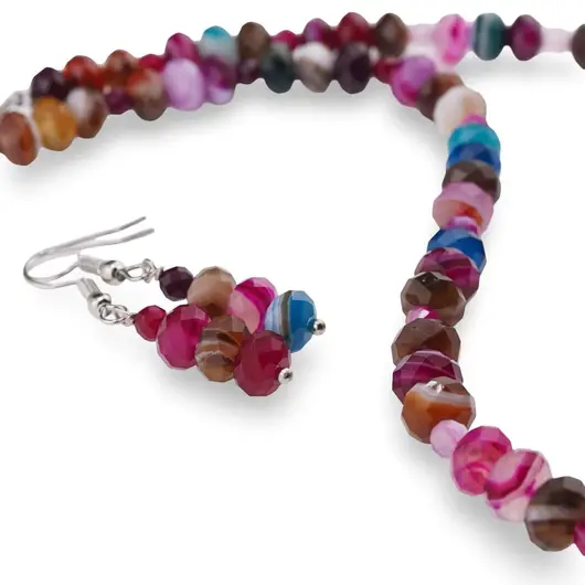 Set Cercei cu agatatoare si Colier din Agat multicolor discuri fatetate 8mm si sfere fatetate 4mm, imagine 2