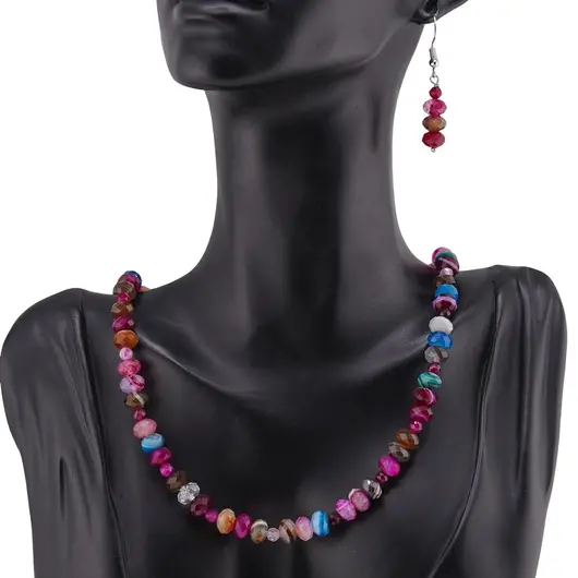 Set Cercei cu agatatoare si Colier din Agat multicolor discuri fatetate 8mm si sfere fatetate 4mm, imagine 3
