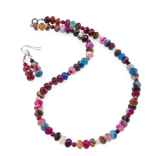 Set Cercei cu agatatoare si Colier din Agat multicolor discuri fatetate 8mm si sfere fatetate 4mm