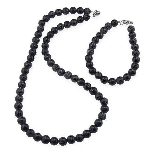 Set colier si bratara Agat negru spider sfere 8mm