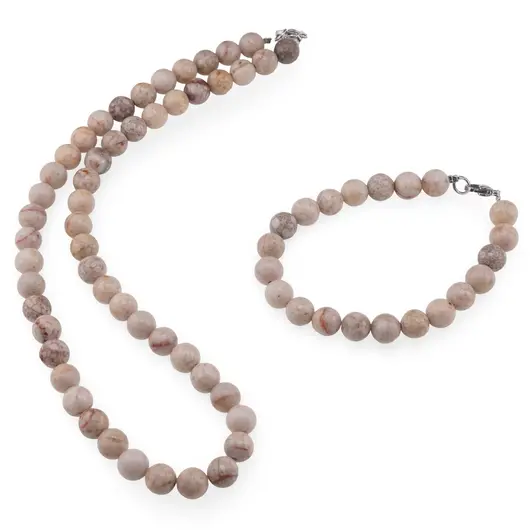 Set colier si bratara Coral fosilizat sfere 8mm