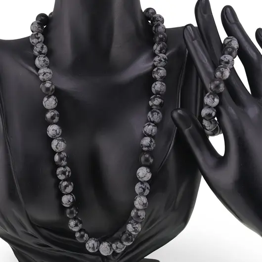 Set colier si bratara Obsidian fulg de nea sfere 10mm, imagine 2