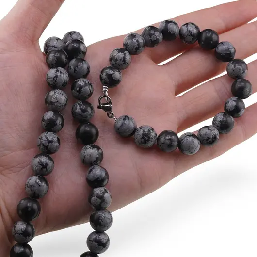 Set colier si bratara Obsidian fulg de nea sfere 10mm, imagine 3