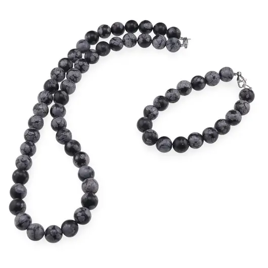 Set colier si bratara Obsidian fulg de nea sfere 10mm