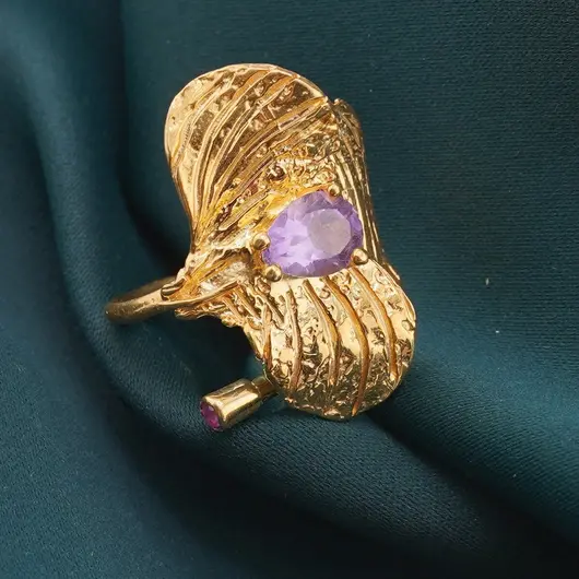 Inel din argint 925 placat cu aur 14k reglabil cu Ametist, model petale, imagine 3