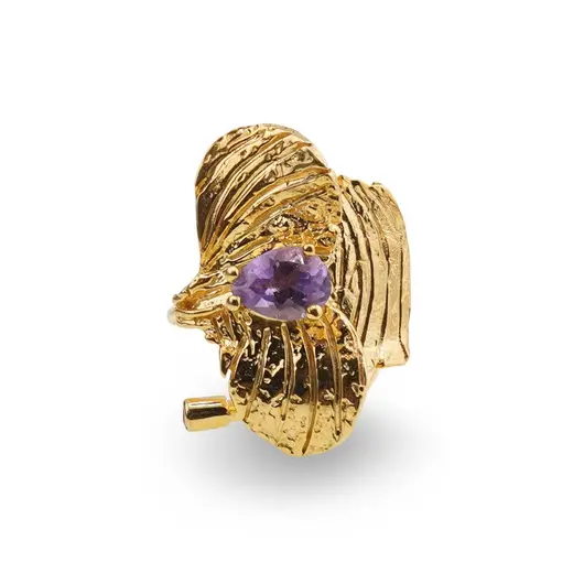 Inel din argint 925 placat cu aur 14k reglabil cu Ametist, model petale