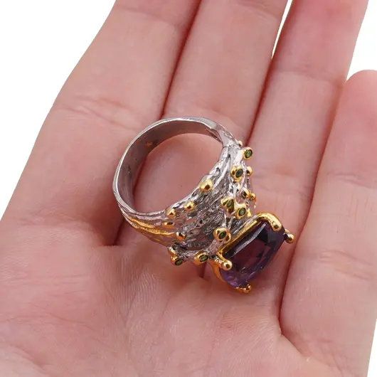 Inel din argint 925 placat cu aur 14k cu Ametist si zirconii verzi, model fantasy - marimea 56, imagine 5