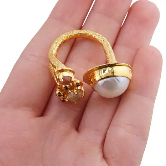 Inel din argint 925 placat cu aur 14k cu Perla de cultura si cristale incrustate, model ramura deschisa - marimea 59, imagine 5