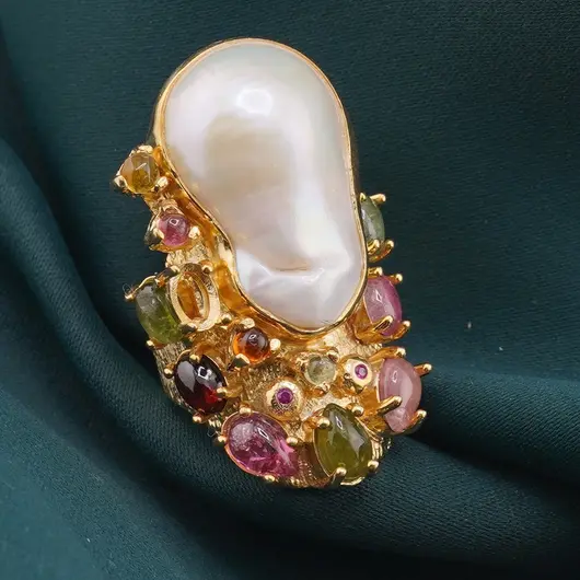 Inel din argint 925 placat cu aur 14k cu Perla de cultura si Turmalina multicolora, model baroc - marimea 58, imagine 3