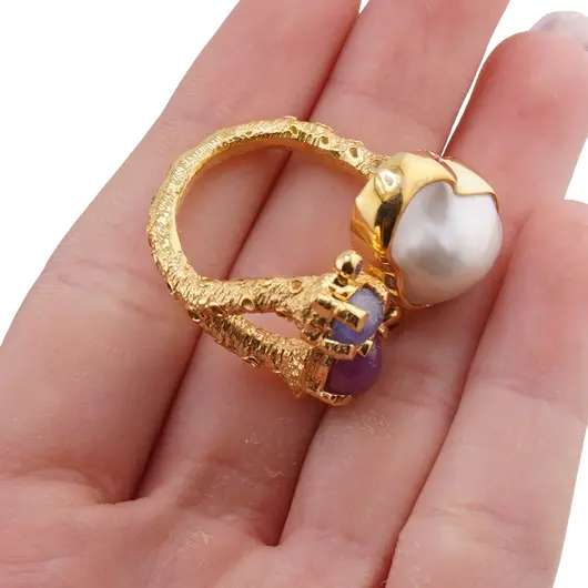 Inel din argint 925 placat cu aur 14k cu Perla de cultura si Agate colorate, model ramura deschisa - marimea 58, imagine 5