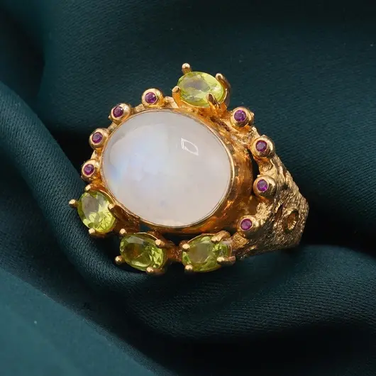 Inel din argint 925 placat cu aur 14k cu Piatra lunii centrala si Peridot cu Granat incrustate, marimea 58, imagine 3