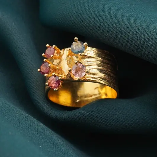 Inel din argint 925 placat cu aur 14k cu Spinel multicolor incrustat, model ramura - marimea 60, imagine 3