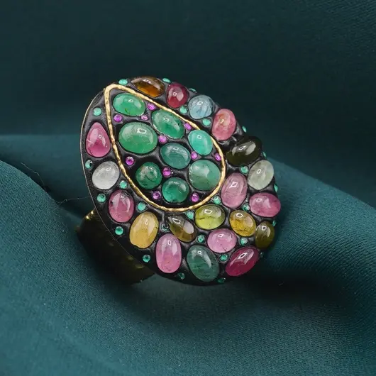 Inel din argint 925 placat cu aur 14k lucrat manual si cristale incrustate Turmalina multicolora, marimea 58, imagine 3