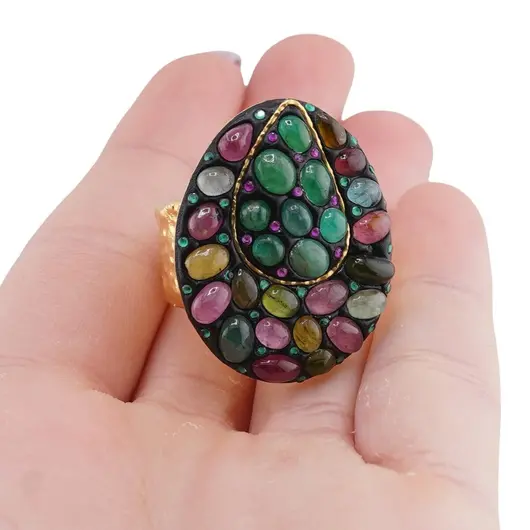 Inel din argint 925 placat cu aur 14k lucrat manual si cristale incrustate Turmalina multicolora, marimea 58, imagine 5