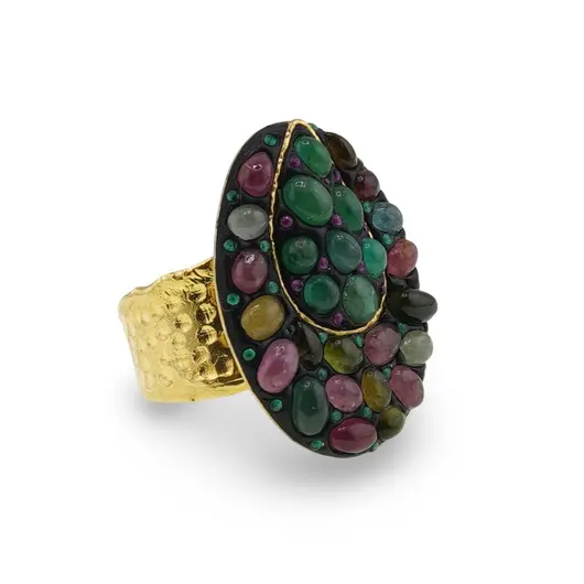 Inel din argint 925 placat cu aur 14k lucrat manual si cristale incrustate Turmalina multicolora, marimea 58