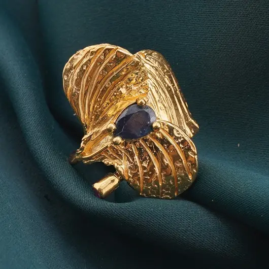 Inel din argint 925 placat cu aur 14k reglabil cu Iolith, model petale, imagine 3