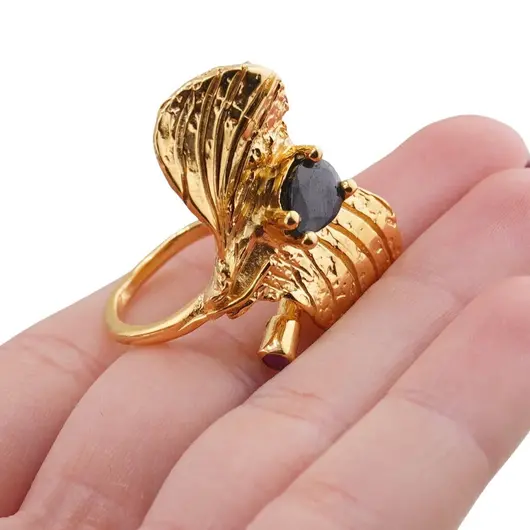 Inel din argint 925 placat cu aur 14k reglabil cu Iolith, model petale, imagine 5