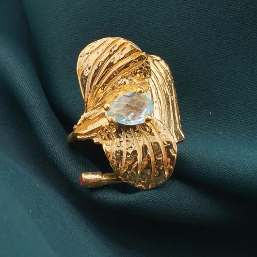 Inel din argint 925 placat cu aur 14k reglabil cu Topaz, model petale, imagine 3