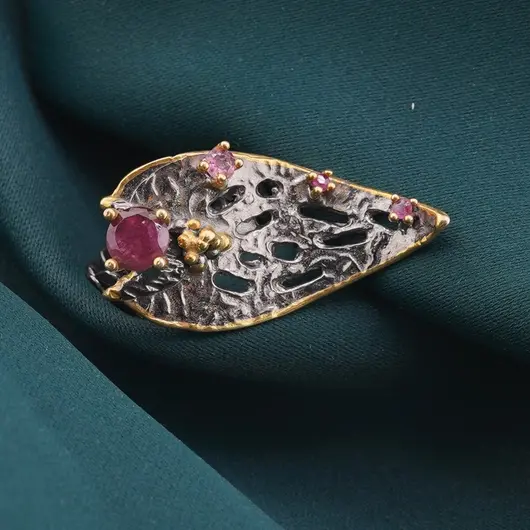 Inel din argint 925 placat cu aur 14k si rodiu negru cu cristale incrustate, model frunza - marimea 58, imagine 3