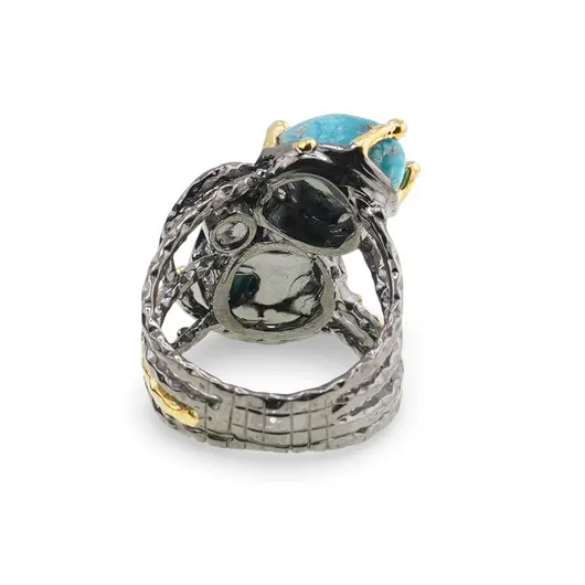 Inel din argint 925 placat cu aur 14k si rodiu negru lucrat manual cu Turcoaz, model ramificat - marimea 58, imagine 2