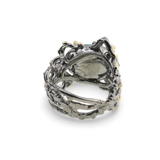 Inel din argint 925 placat cu aur 14k si rodiu negru lucrat manual cu Turcoaz oval, model ramificat - marimea 57, imagine 2