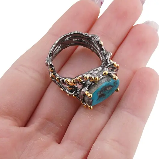 Inel din argint 925 placat cu aur 14k si rodiu negru lucrat manual cu Turcoaz oval, model ramificat - marimea 57, imagine 5