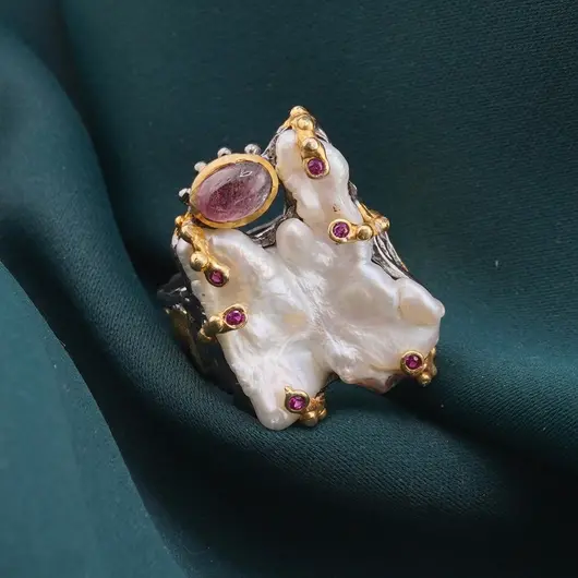 Inel din argint 925 placat cu aur 14k si rodiu negru Perla de cultura baroca si cristale incrustate, model tribal - marimea 59, imagine 3